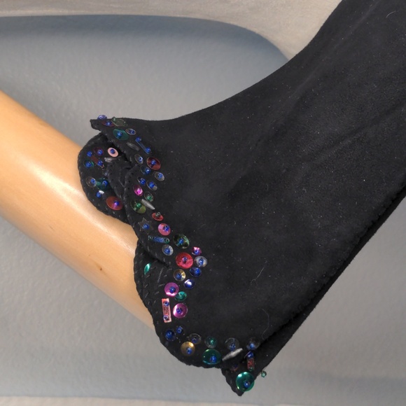 Black Suede Gloves Arm Sleeves Gauntlet Sequined Elegant 4pc Set Vintage SZ S - Picture 3 of 15